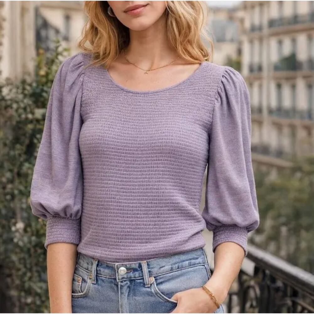 Nation LTD Purple Smocked Puff Sleeve  100% Cotton Top Size XS